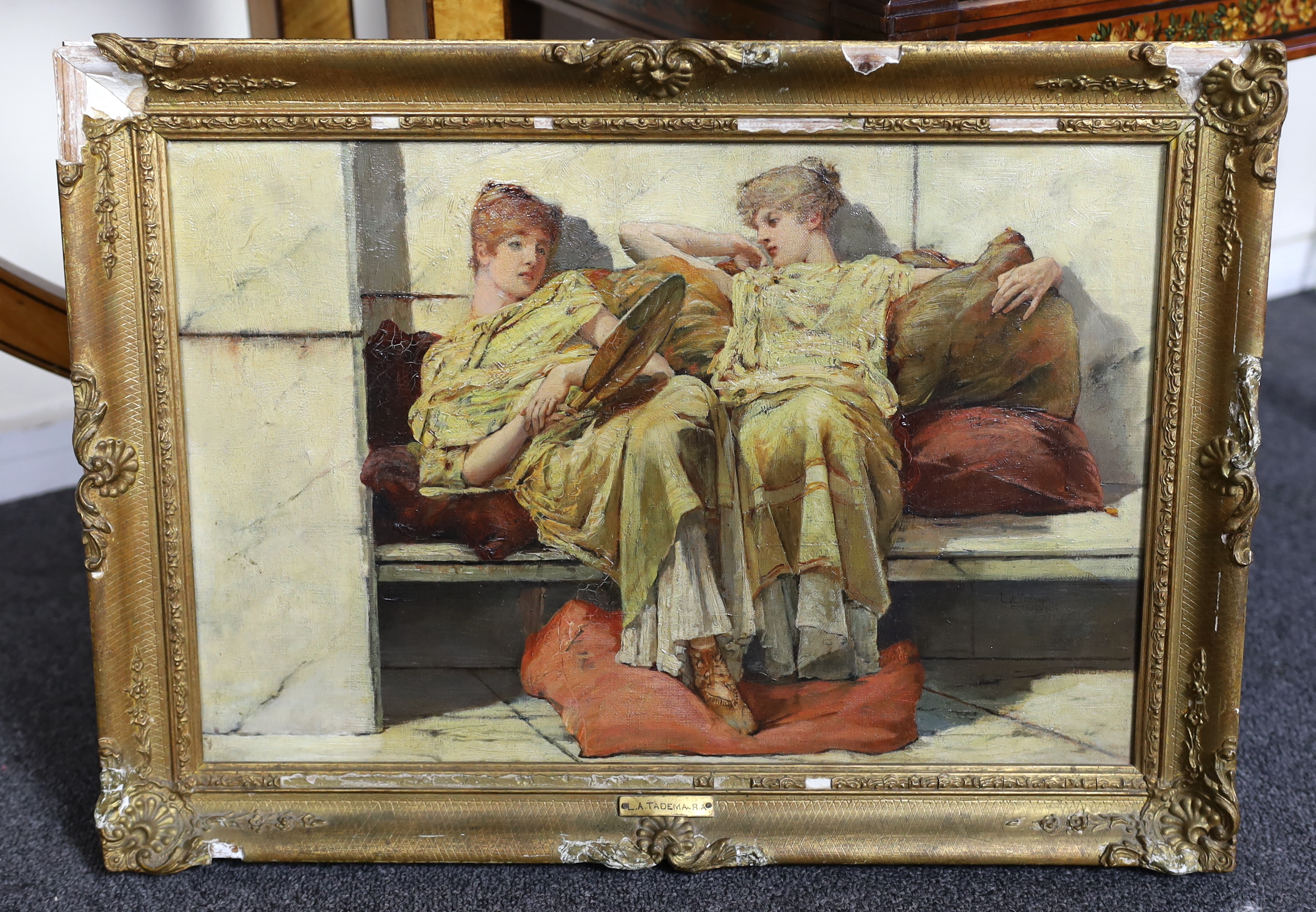 Master of 338 after Sir Lawrence Alma-Tadema O.M., R.A. (1836-1912), Classical ladies seated on a marble bench, oil on canvas, 30 x 45cm